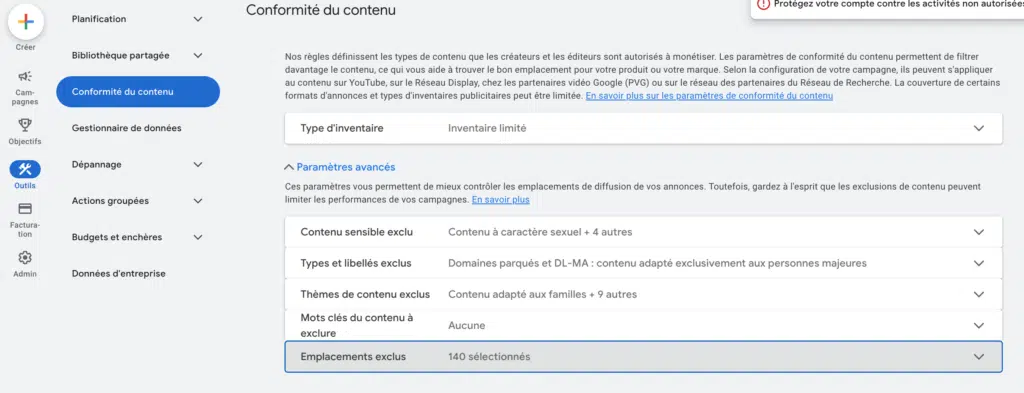 liste exclusion emplacements performance max