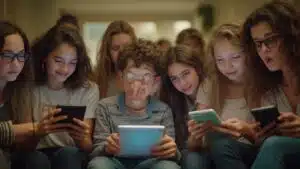 Group of teenage friends using their electronic devices