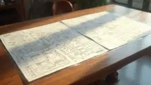 Image showing detailed architectural plans on a wooden table.