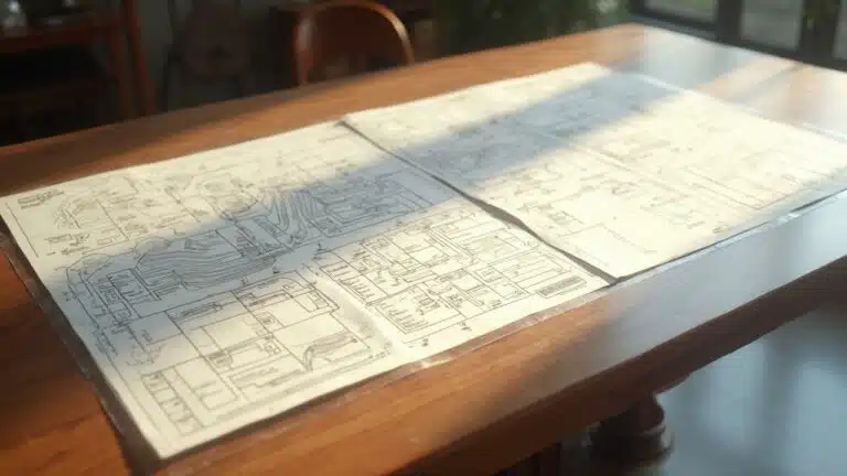 Image montrant des plans architecturaux détaillés sur une table en bois.